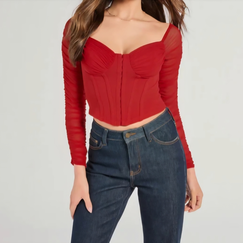 WINDSOR Downtown Looks Long Sleeve Mesh Bustier Corset Off The Shoulders Red Top - Picture 2 of 12